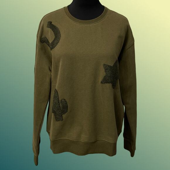 BLUE B CLOTHING Western Textured Patchwork Sweatshirt Star Horseshoe In Olive - Picture 1 of 8